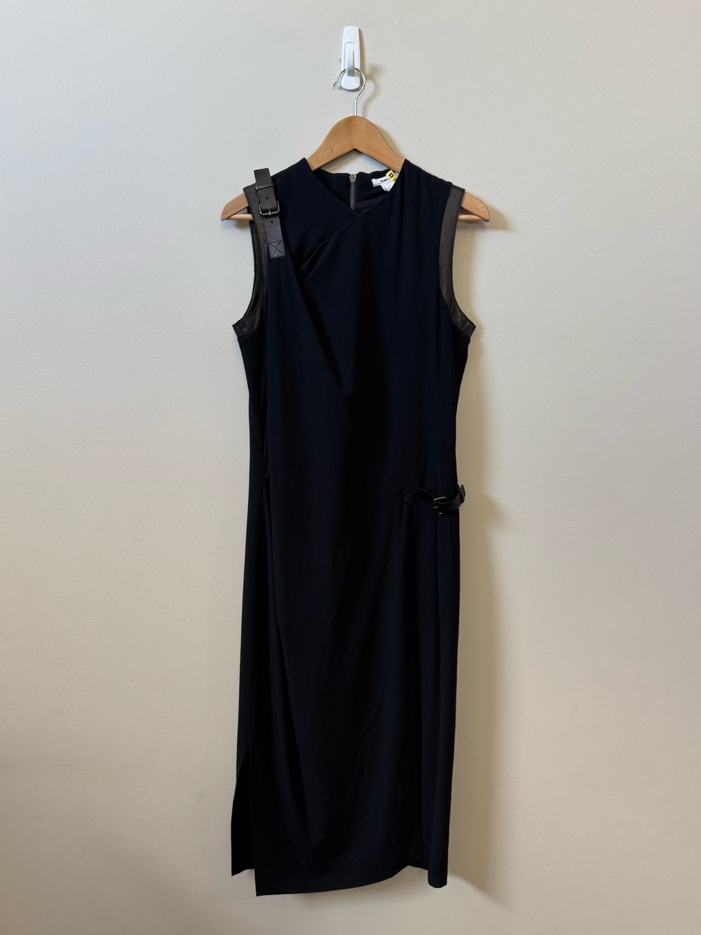 Helmut Lang women’s black maxi length wool blend lamb buckle detail dress